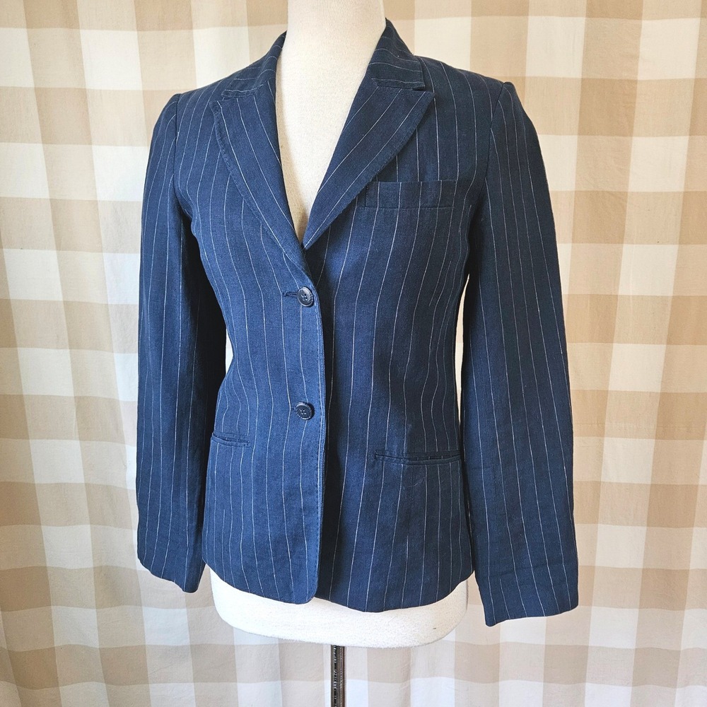 Hennes Navy Blue Pinstripe Tailored Linen Blazer Jacket Preppy Nautical‎ Size 6